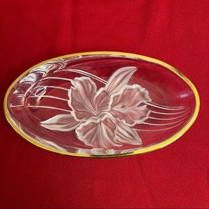 Vintage Etched Frosted Glass Dish with Iris Nova Studio Japan